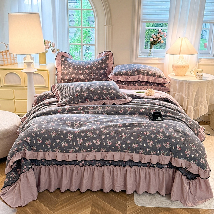 91家纺网 家纺一手货源 找家纺 韩约家纺 2025新款1针织棉皱皱纱床盖款夏凉被春秋被冬被四件套 1幽香