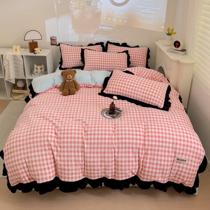 米莱家纺 2024新款韩式花边牛奶绒四件套 奶油粉格