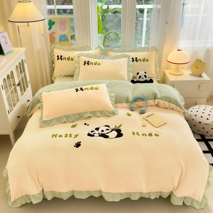 易禾家纺 2024新款高克重加厚保暖牛奶绒四件套熊猫宝宝系列 熊猫宝宝--奶绿