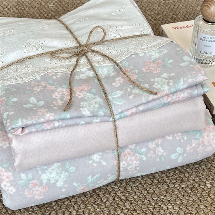 91家纺网 家纺一手货源 找家纺 2024新款全棉印花双层纱四件套--蕾丝花边款 繁园