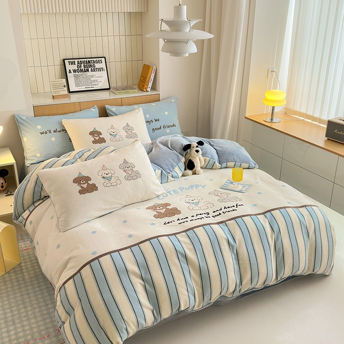 91家纺网 家纺一手货源 找家纺 2024新款大版卡通双面高克重牛奶绒床单款四件套 快乐汪