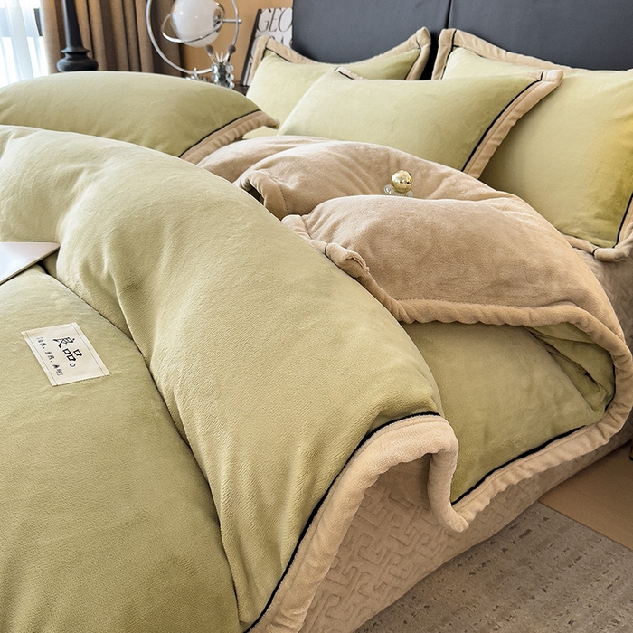 91家纺网 家纺一手货源 找家纺 欧邦 新款纯色牛奶绒单被套夹棉床盖三件套四件套 芥黄+卡其