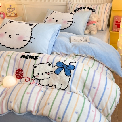 呗旺鹿 2024新款高克重卡通印花牛奶绒四件套毛巾绣牛奶绒四件套 毛线贝丽