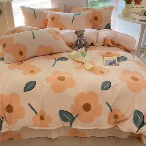 91家纺网 家纺一手货源 找家纺 帅露家纺 2024新款高克重牛奶绒印花四件套 花漾