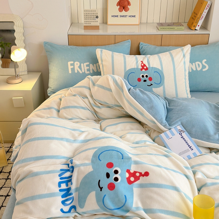 91家纺网 家纺一手货源 找家纺 2024新款大版卡通双面高克重牛奶绒床单款四件套 小象