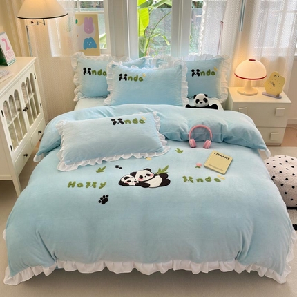 易禾家纺 2024新款高克重加厚保暖牛奶绒四件套熊猫宝宝系列 熊猫宝宝--蓝