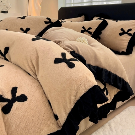 米莱家纺 2024新款高克重剪花雕花阳离子牛奶绒四件套 浪漫蝴蝶结-咖