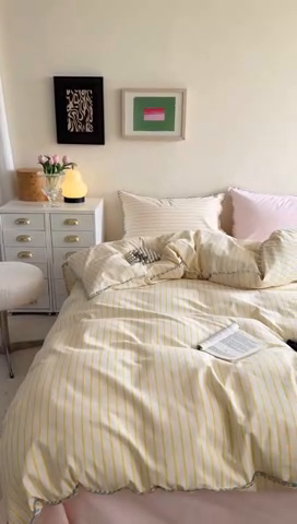 91家纺网 家纺一手货源 找家纺 艾莱家纺 2024新款七彩贝壳系列100S全棉柔顺加厚磨毛四件套 幻珊-黄粉中条