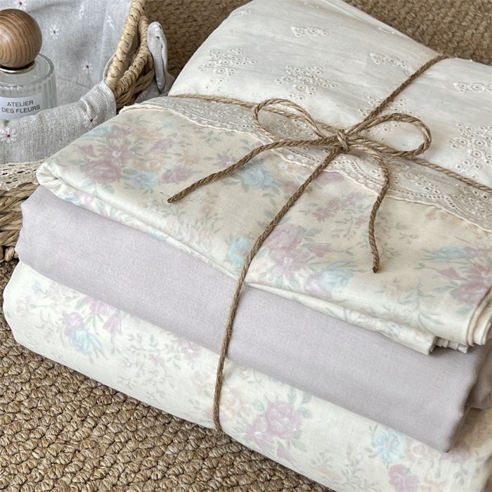 91家纺网 家纺一手货源 找家纺 2024新款全棉印花双层纱四件套--蕾丝花边款 薇薇安