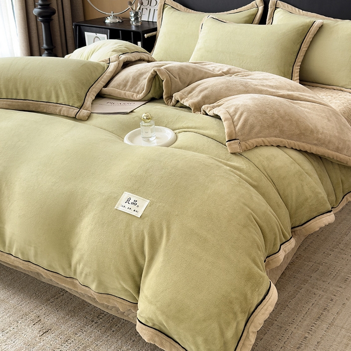 91家纺网 家纺一手货源 找家纺 欧邦 新款纯色牛奶绒单被套夹棉床盖三件套四件套 芥黄+卡其