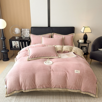 91家纺网 家纺一手货源 找家纺 欧邦 新款纯色牛奶绒单被套夹棉床盖三件套四件套 蜜粉+卡其