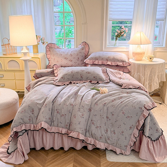 91家纺网 家纺一手货源 找家纺 韩约家纺 2025新款1针织棉皱皱纱床盖款夏凉被春秋被冬被四件套 沉香