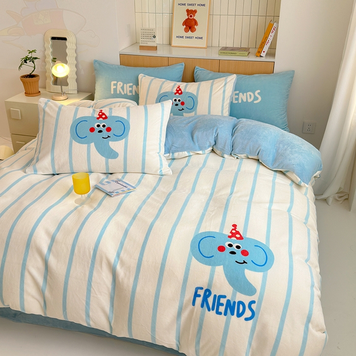 91家纺网 家纺一手货源 找家纺 2024新款大版卡通双面高克重牛奶绒床单款四件套 小象