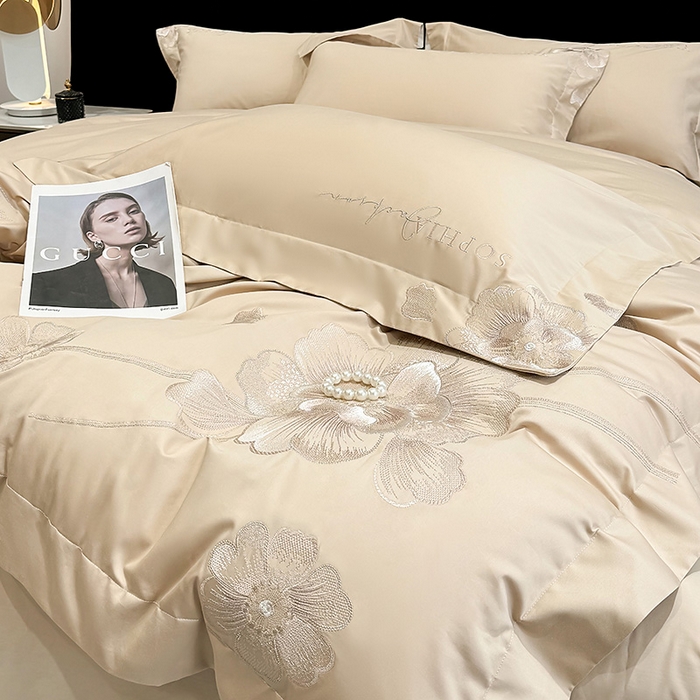 91家纺网 家纺一手货源 找家纺 星蕴家纺 2024新款A类新疆全棉刺绣四件套 浅香槟