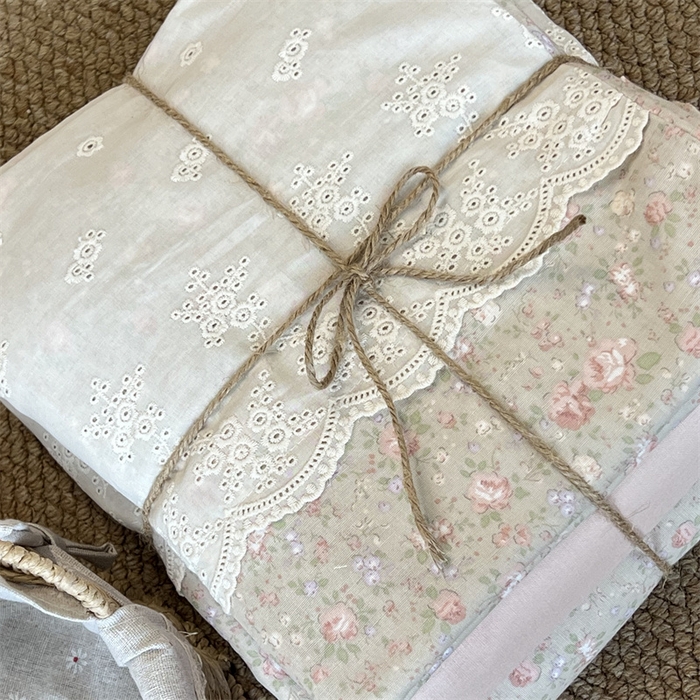 91家纺网 家纺一手货源 找家纺 2024新款全棉印花双层纱四件套--蕾丝花边款 尽染-绿