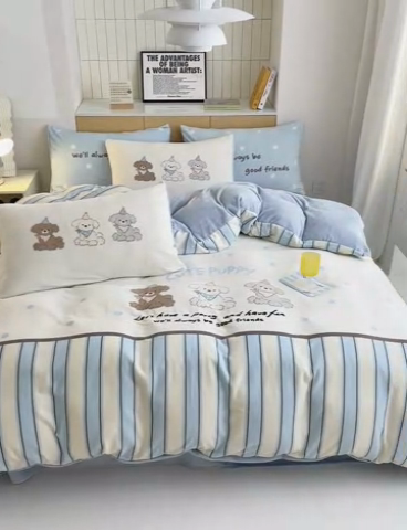 91家纺网 家纺一手货源 找家纺 2024新款大版卡通双面高克重牛奶绒床单款四件套 快乐汪