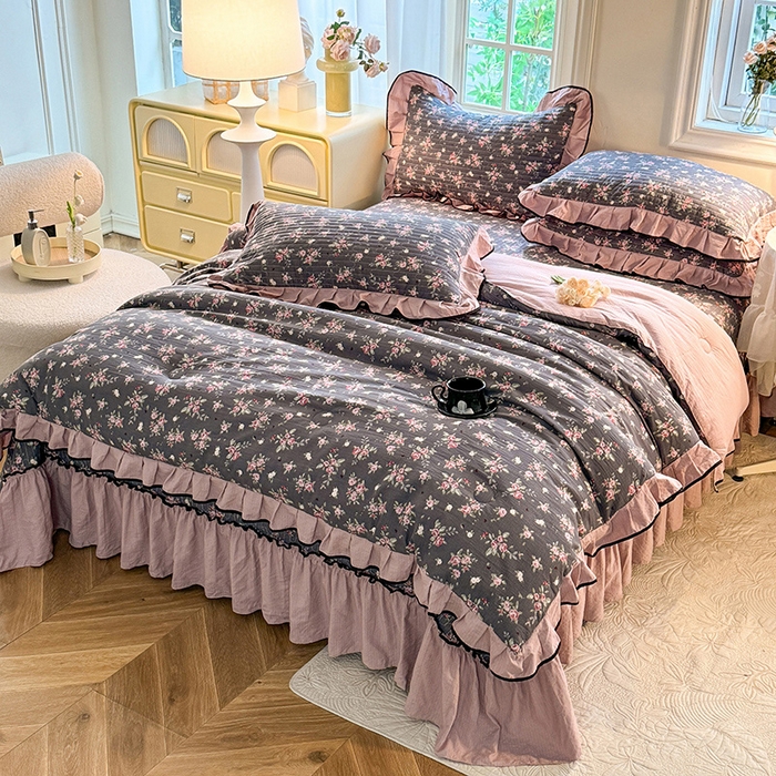 91家纺网 家纺一手货源 找家纺 韩约家纺 2025新款1针织棉皱皱纱床盖款夏凉被春秋被冬被四件套 1幽香