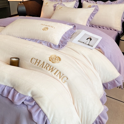 耀达家居 2024新款高克重韩版纯色绣花刺绣牛奶绒四件套 山茶暖白+丁香紫