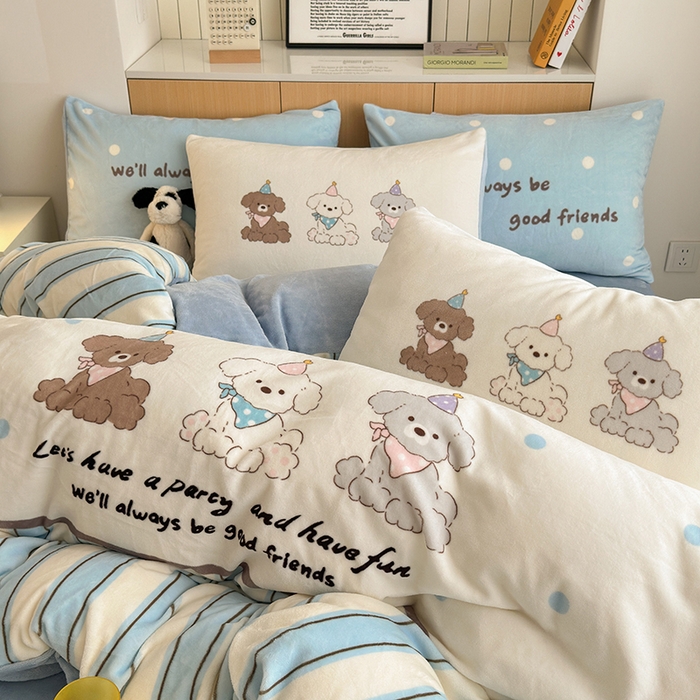 91家纺网 家纺一手货源 找家纺 2024新款大版卡通双面高克重牛奶绒床单款四件套 快乐汪