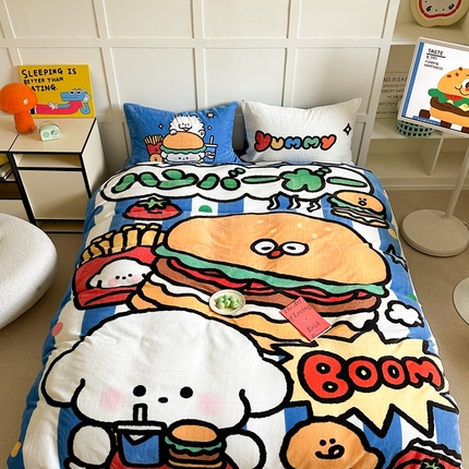 91家纺网 家纺一手货源 找家纺 美乐迪家纺 2024新款高克重牛奶绒卡通印花四件套 汉堡狗-蓝