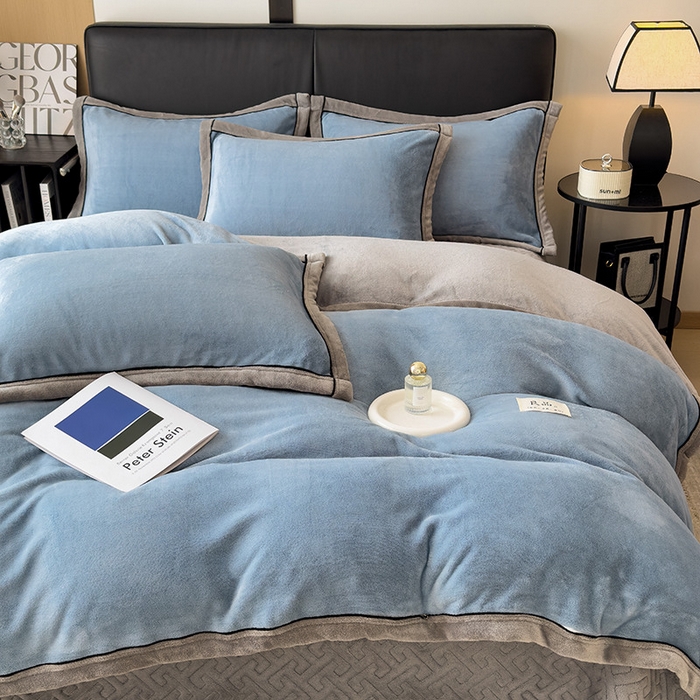 91家纺网 家纺一手货源 找家纺 欧邦 新款纯色牛奶绒单被套夹棉床盖三件套四件套 蔚蓝+浅灰