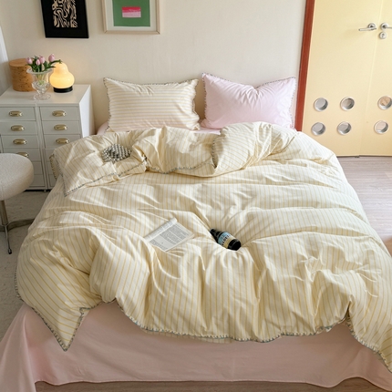 艾莱家纺 2024新款七彩贝壳系列100S全棉柔顺加厚磨毛四件套 幻珊-黄粉中条