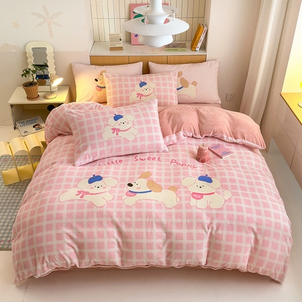2024新款大版卡通双面高克重牛奶绒床单款四件套 三只汪