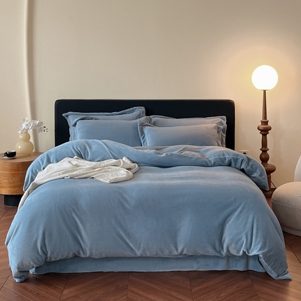 万盛家纺 2025新款全消光加厚230克牛奶绒拼色四件套  灰兰