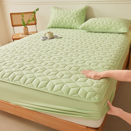 予梦家纺 2024新款纯色夹棉防水床笠 空间格 果绿