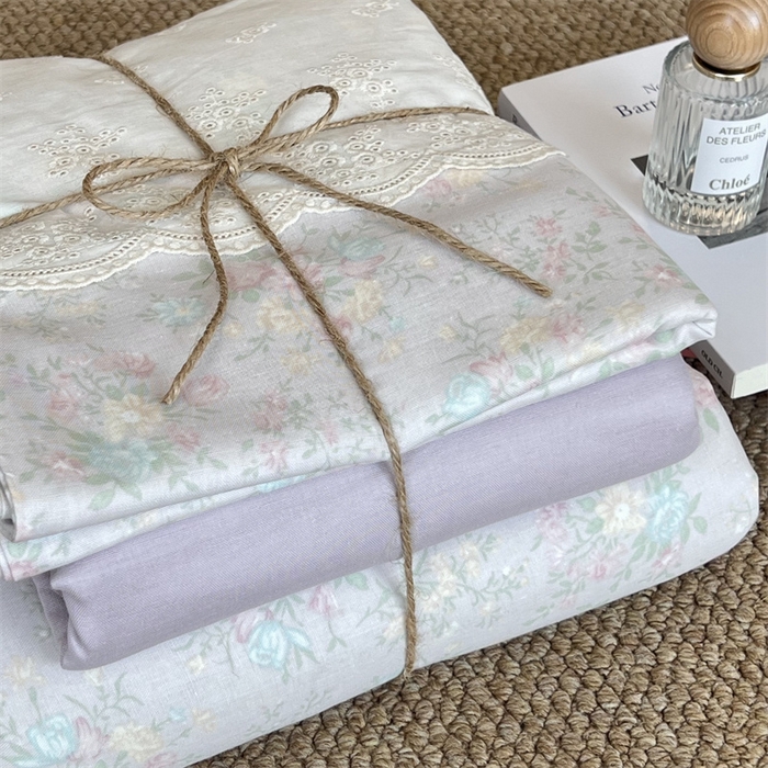 91家纺网 家纺一手货源 找家纺 2024新款全棉印花双层纱四件套--蕾丝花边款  薇薇安-紫