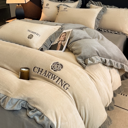 耀达家居 2024新款高克重韩版纯色绣花刺绣牛奶绒四件套 山茶奶咖+高级灰