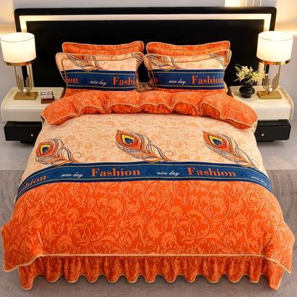 2025新款牛奶绒印花床裙四件套系列-四件套 孔雀翎