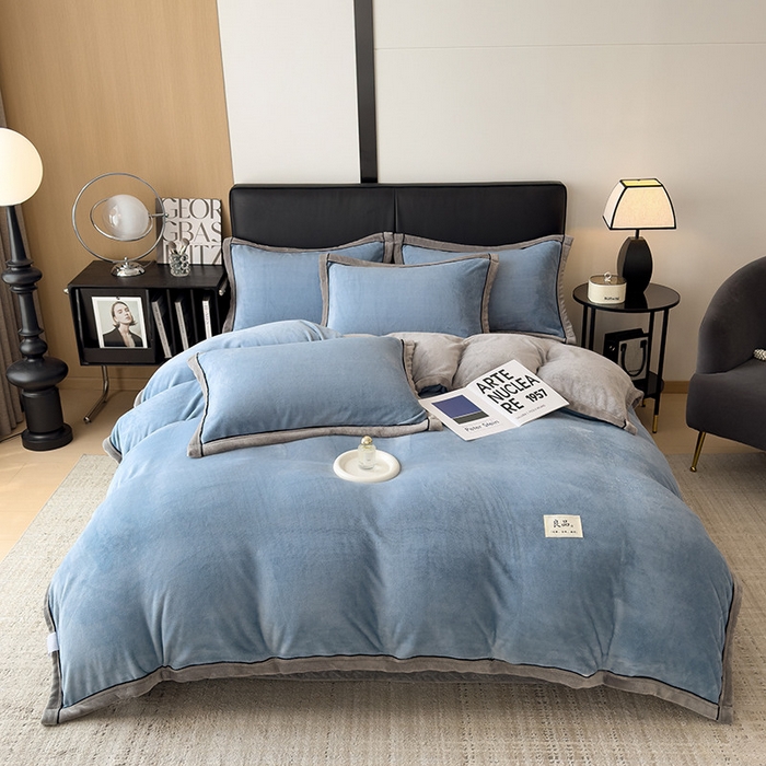 91家纺网 家纺一手货源 找家纺 欧邦 新款纯色牛奶绒单被套夹棉床盖三件套四件套 蔚蓝+浅灰
