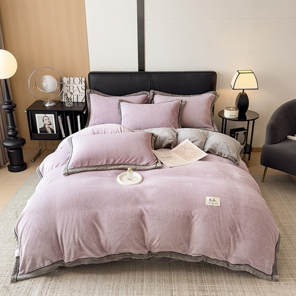 91家纺网 家纺一手货源 找家纺 欧邦 新款纯色牛奶绒单被套夹棉床盖三件套四件套 胭紫+浅灰
