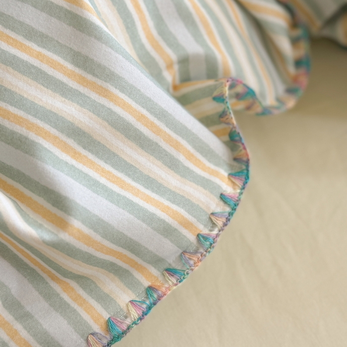 91家纺网 家纺一手货源 找家纺 艾莱家纺 2024新款七彩贝壳系列100S全棉柔顺加厚磨毛四件套 幻珊-黄细条