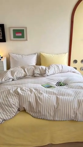 91家纺网 家纺一手货源 找家纺 艾莱家纺 2024新款七彩贝壳系列100S全棉柔顺加厚磨毛四件套 幻珊-蓝黄中条