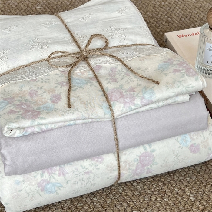 91家纺网 家纺一手货源 找家纺 2024新款全棉印花双层纱四件套--蕾丝花边款 薇薇安