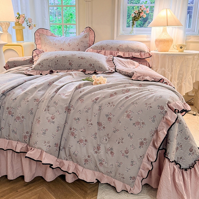 91家纺网 家纺一手货源 找家纺 韩约家纺 2025新款1针织棉皱皱纱床盖款夏凉被春秋被冬被四件套 沉香