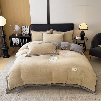 91家纺网 家纺一手货源 找家纺 欧邦 新款纯色牛奶绒单被套夹棉床盖三件套四件套 卡其+浅灰