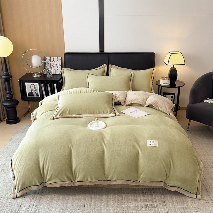 91家纺网 家纺一手货源 找家纺 欧邦 新款纯色牛奶绒单被套夹棉床盖三件套四件套 芥黄+卡其