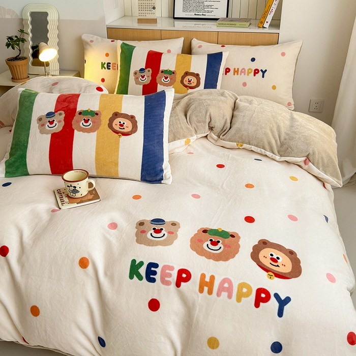 91家纺网 家纺一手货源 找家纺 2024新款大版卡通双面高克重牛奶绒床单款四件套 三只熊
