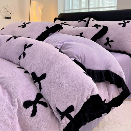 米莱家纺 2024新款高克重剪花雕花阳离子牛奶绒四件套 浪漫蝴蝶结-紫