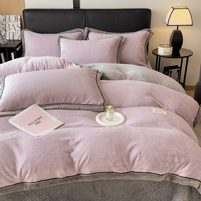 91家纺网 家纺一手货源 找家纺 欧邦 新款纯色牛奶绒单被套夹棉床盖三件套四件套 胭紫+浅灰