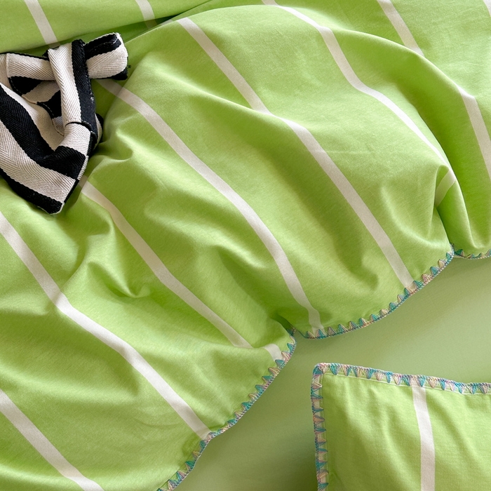 91家纺网 家纺一手货源 找家纺 艾莱家纺 2024新款七彩贝壳系列100S全棉柔顺加厚磨毛四件套 幻珊-绿宽条