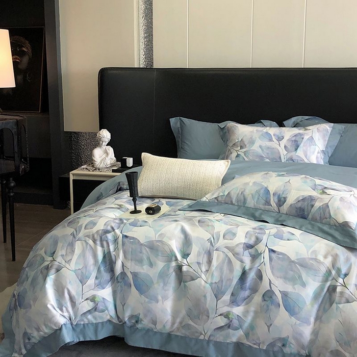 91家纺网 家纺一手货源 找家纺 金麦家纺 2024新款全棉数码印花四件套系列 蓝汐