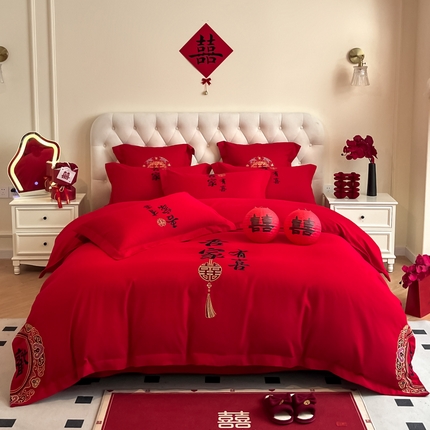 91家纺网 家纺一手货源 找家纺 （总）玉雅家纺 2025新款中式复古红黑格调刺绣婚庆四件套