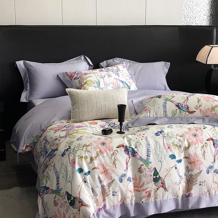 91家纺网 家纺一手货源 找家纺 金麦家纺 2024新款全棉数码印花四件套系列 鸟语花香