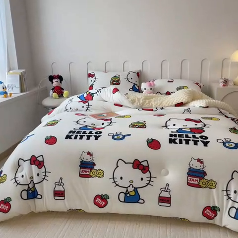 91家纺网 家纺一手货源 找家纺 米菲 2024新款卡通针织棉豆豆绒大豆冬被 可爱Kitty猫