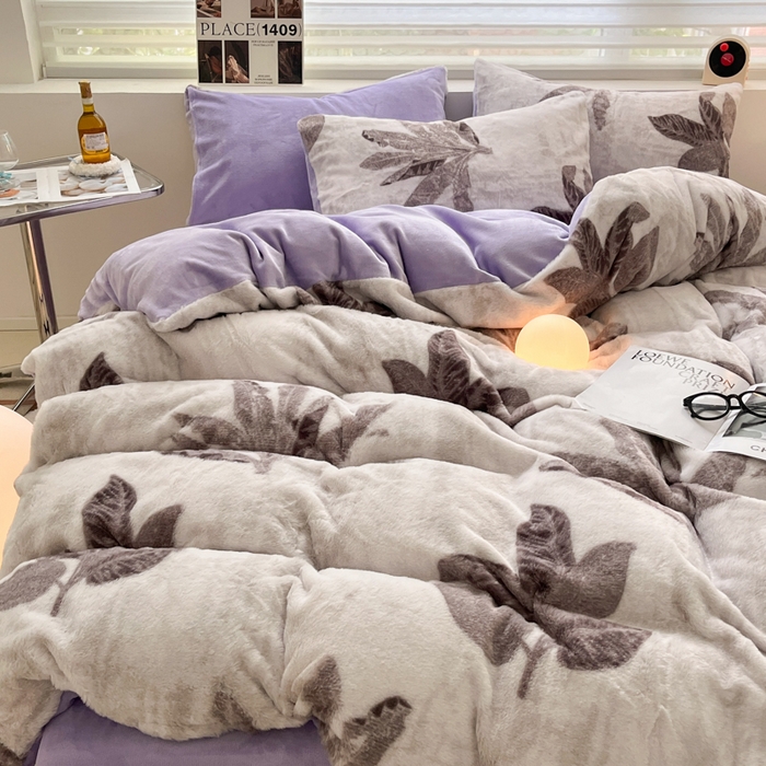 91家纺网 家纺一手货源 找家纺 金爱家 2024新款立体牛奶绒兔毛绒印花四件套 兔毛印花-树叶