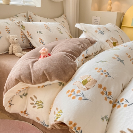 沐慕 2024新款200g加厚牛奶绒四件套 田园松鼠